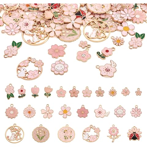 Cheriswelry 50Pcs Pink Flower Charms Enamel Floral Flat Round Alloy Pendants Gold Plated 25 Styles 12-30mm for Necklace Earring Bracelet Jewelry Making DIY Crafts