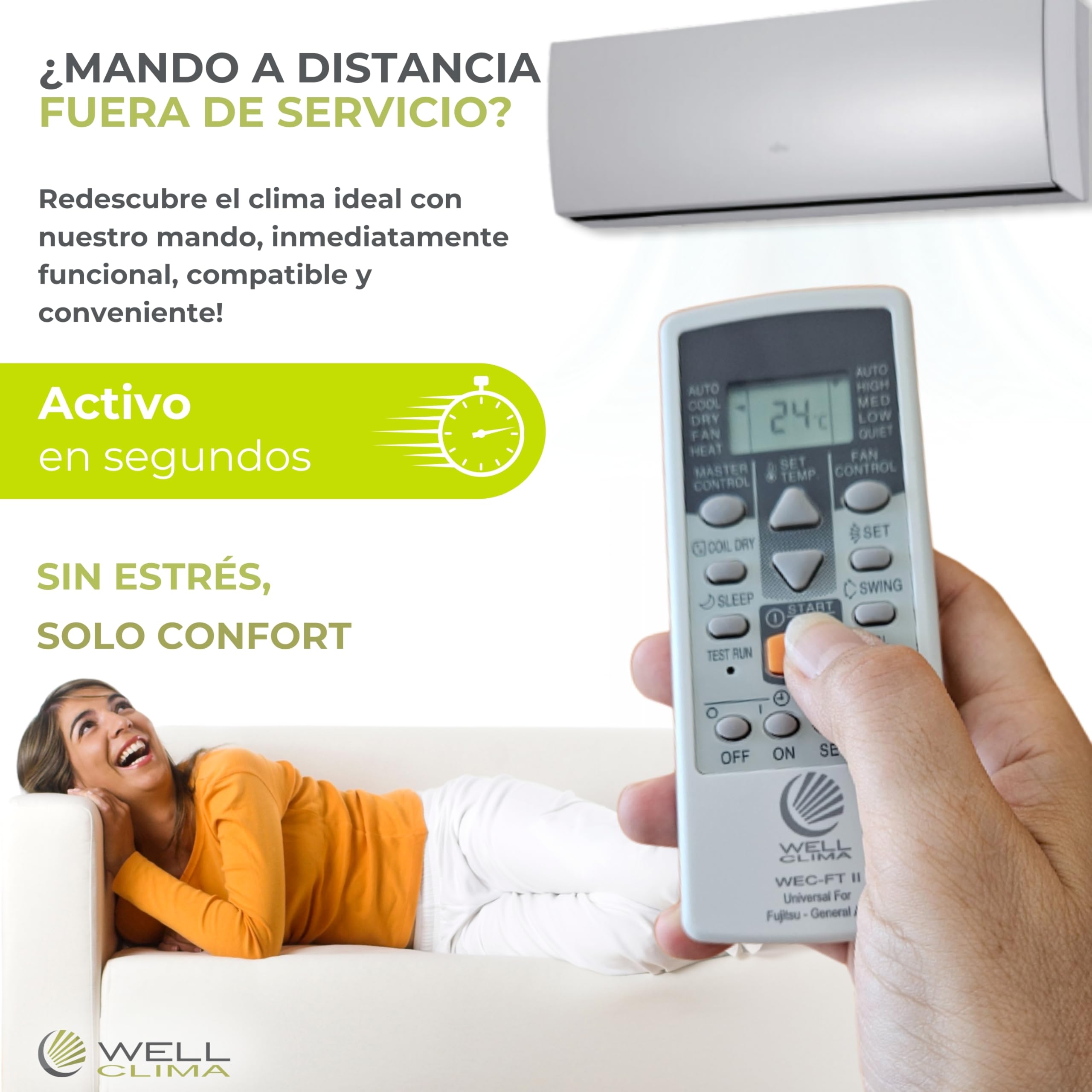 Wellclima WEC-FT II Mando Universal Compatible con Aires Acondicionados Fujitsu y General, Funciones Avanzadas, hasta 4 Velocidades de Ventilador, Listo para Usar en Segundos, Asistencia Wellclima