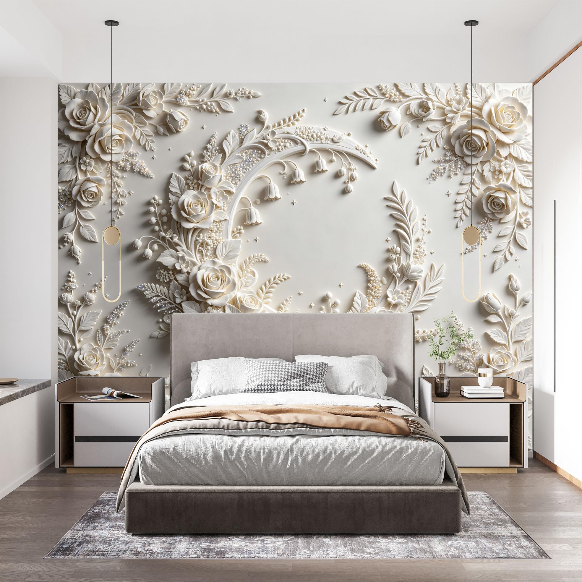 3D Relief Wandbild „Halbmondrose“ 350 x 256 cm Vliestapete mit Blumenmuster, cremefarben, romantisches Blumenpanorama, Fototapete für Schlafzimmer, Wohnzimmer, Wanddekoration, Halbmondrose, 350 x 256