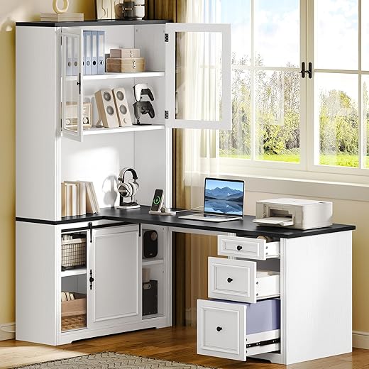 YITAHOME L Shaped Executive Desk with Hutch and Drawers, Farmhouse Home Office Desk with Power Outlet, Wood Corner Computer Desk with Sliding Door, Storage Cabinet with Glass Door, White & Black