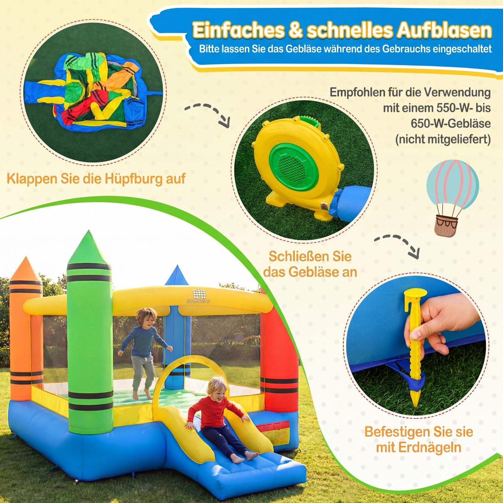 COSTWAY Hüpfburg mit Rutsche, großer Sprungbereich, Bouncy Castle für Kinder, Innen- und Außenbereich, 346 x 259 x 220 cm