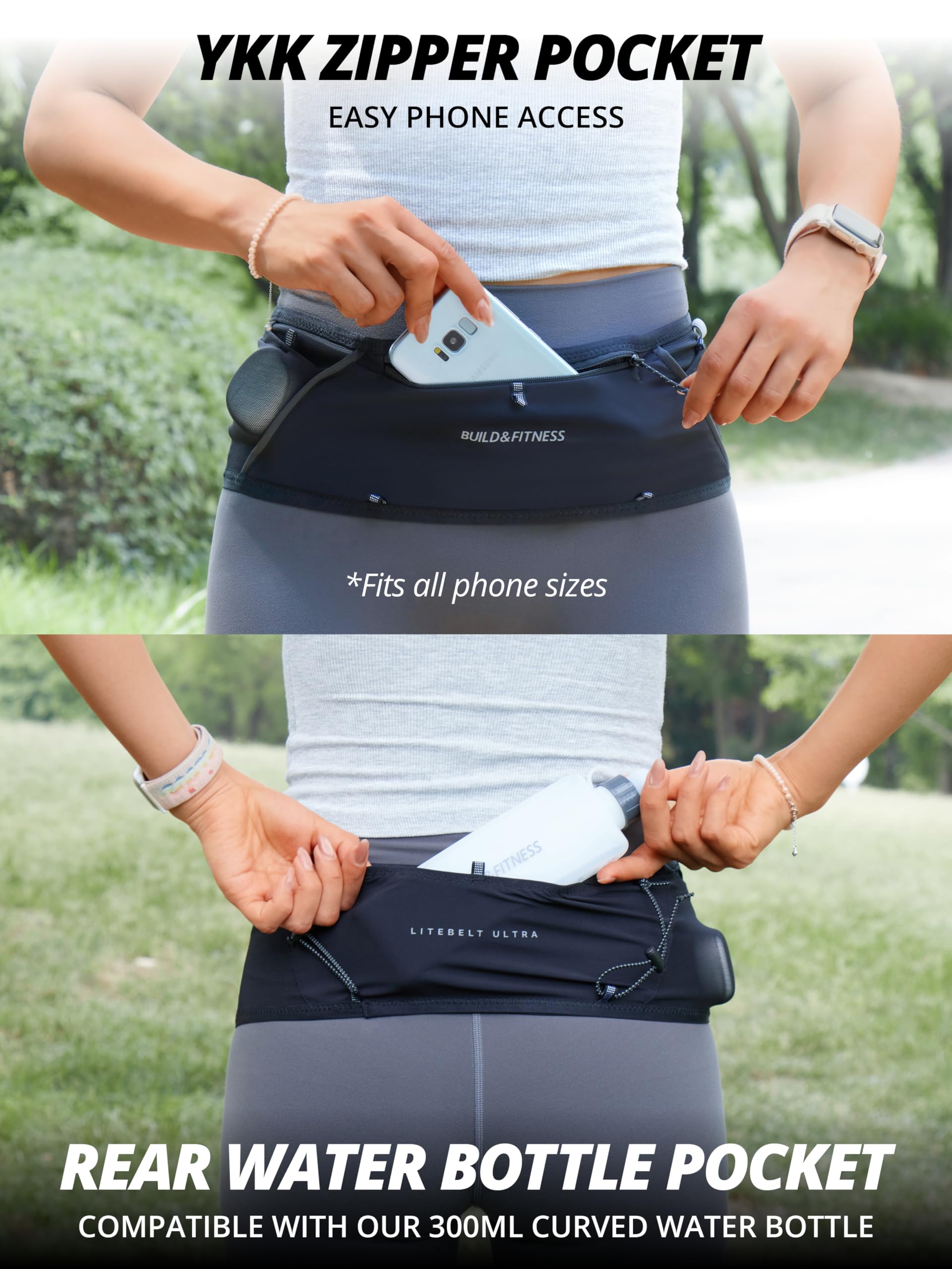 LITEBELT Ultra Laufgürtel mit Reißverschluss – Leicht, reflektierend, mit YKK-Reißverschluss für Handy, 5 Taschen von Oben für Gels, Trinkflasche und Schlüsselclip – Freihändiges Laufen, Größen XS–XL