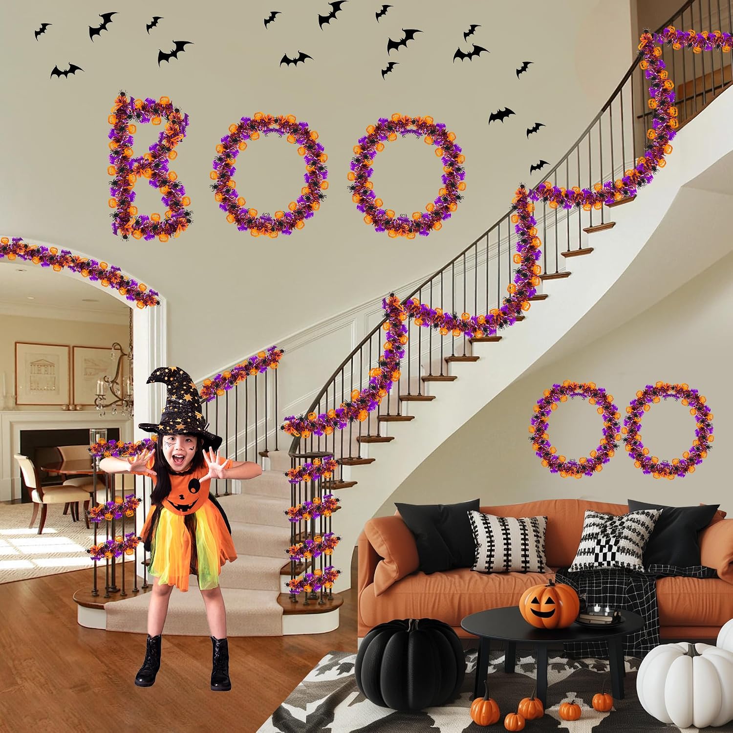 33FT Spooky Halloween Tinsel Garland with Pumpkin Bat Spider Ornament, Shiny Metallic Twist Garland Outdoor Indoor Halloween Decorations for Home Table Office Classroom Fireplace Party Decor