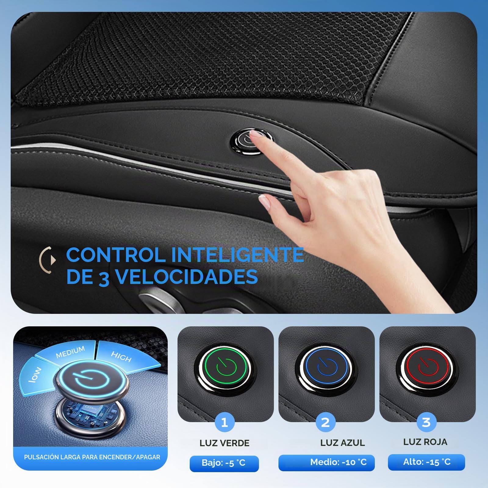 Coverado Verano Cojín de Asiento de Coche con Poderosa Ventiladores & 3-Velocidad Ajustable Funda de Asiento, Universal para Coche SUV camión LKW, Van, Negro