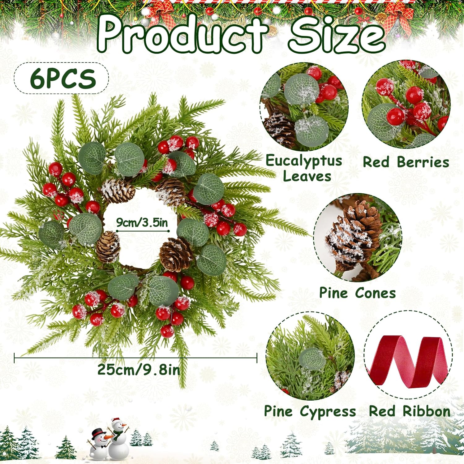 Waipfaru 6 Pcs Small Christmas Wreath, Mini Wreaths for Cabinets, Christmas Wreaths for Windows Kitchen Front Door Candle Rings Fireplaces Table Centerpiece Indoor Outdoor Decorations