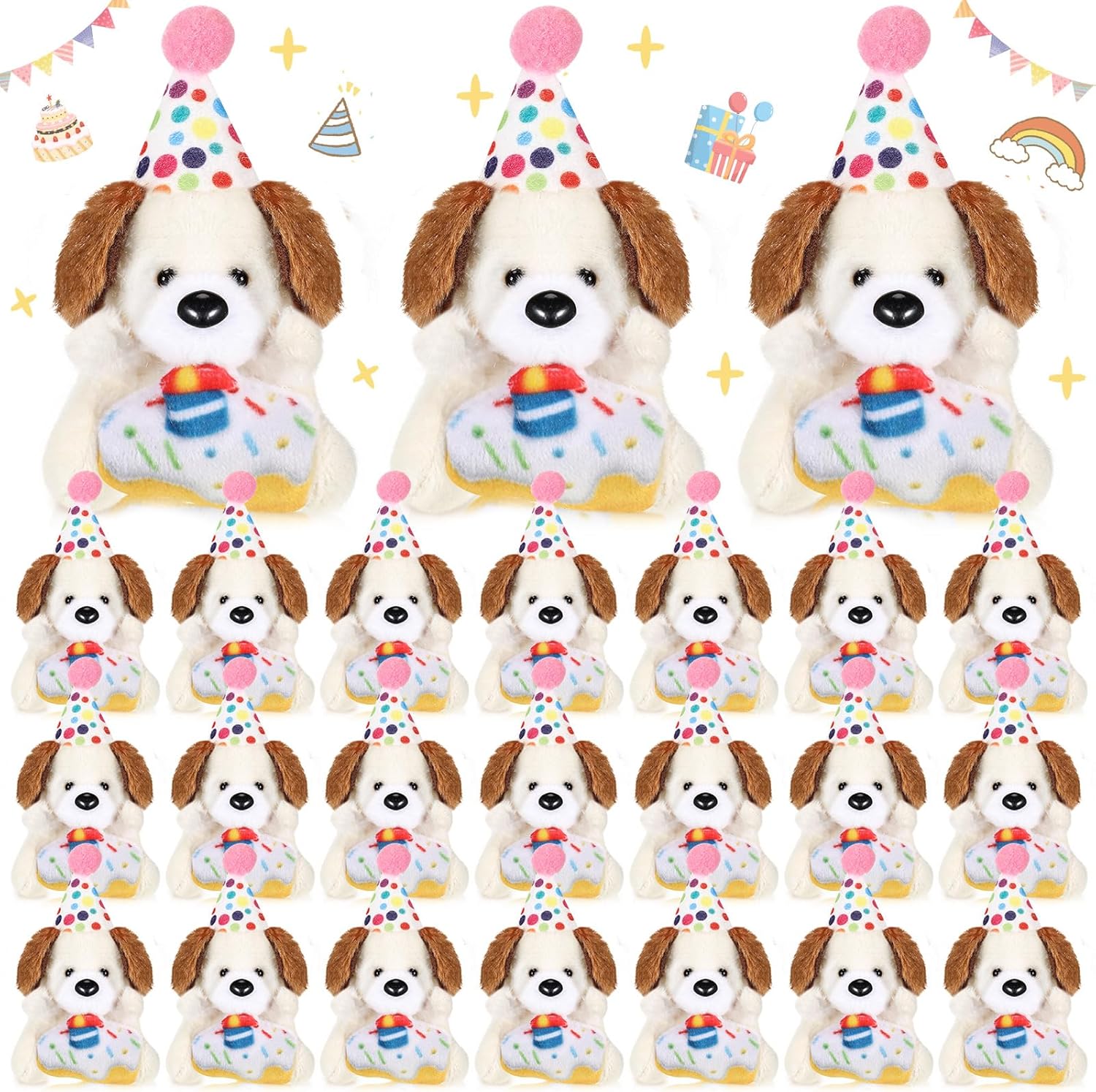 Gejoy 24 Pcs Birthday Small Stuffed Animal with Hat Mini Plush Toys for Student Classroom Reward Gifts Cute Soft Puppy Dog Toy Bulk Birthday Party Goodies Bag Fillers Party Decor