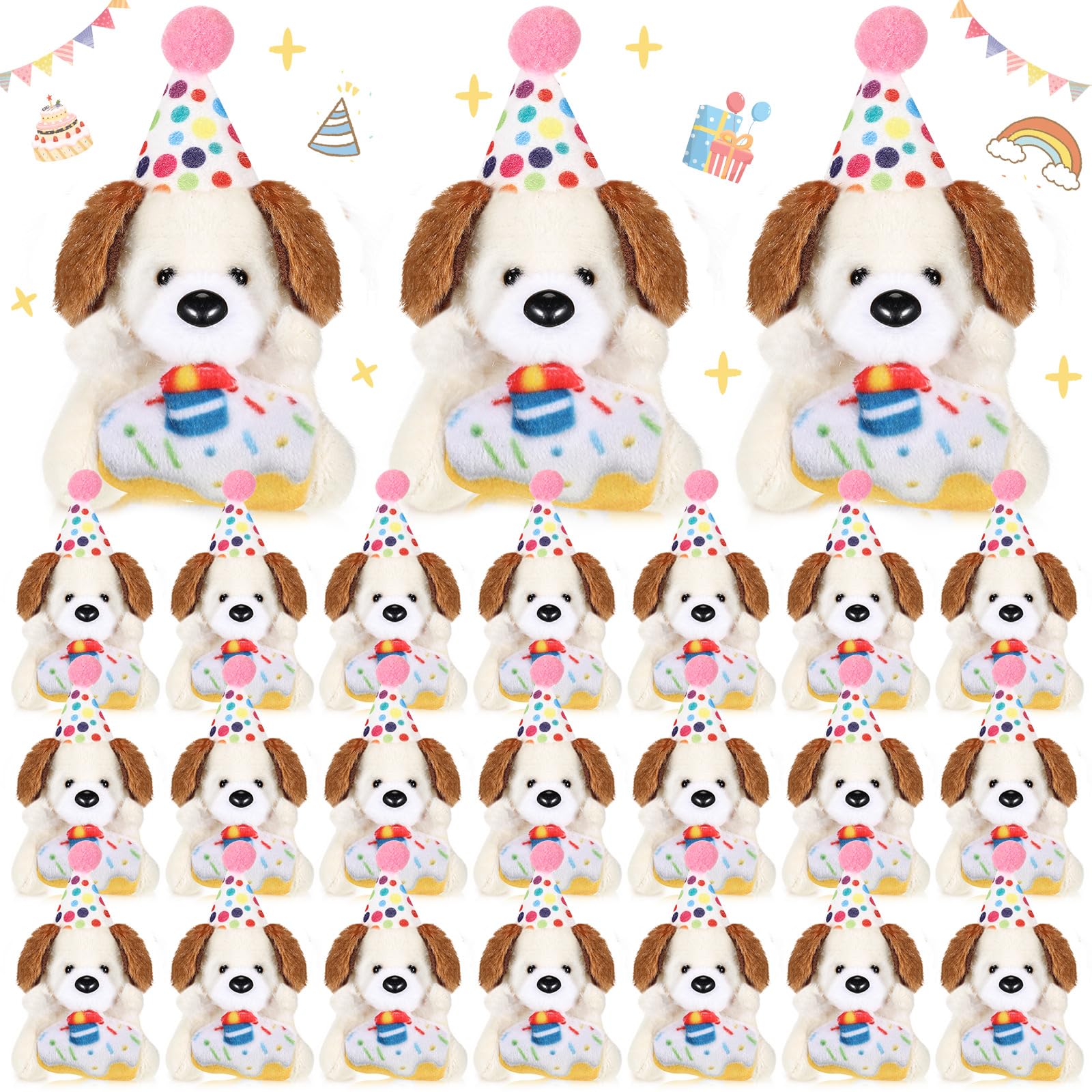 Gejoy 24 Pcs Birthday Small Stuffed Animal with Hat Mini Plush Toys for Student Classroom Reward Gifts Cute Soft Puppy Dog Toy Bulk Birthday Party
