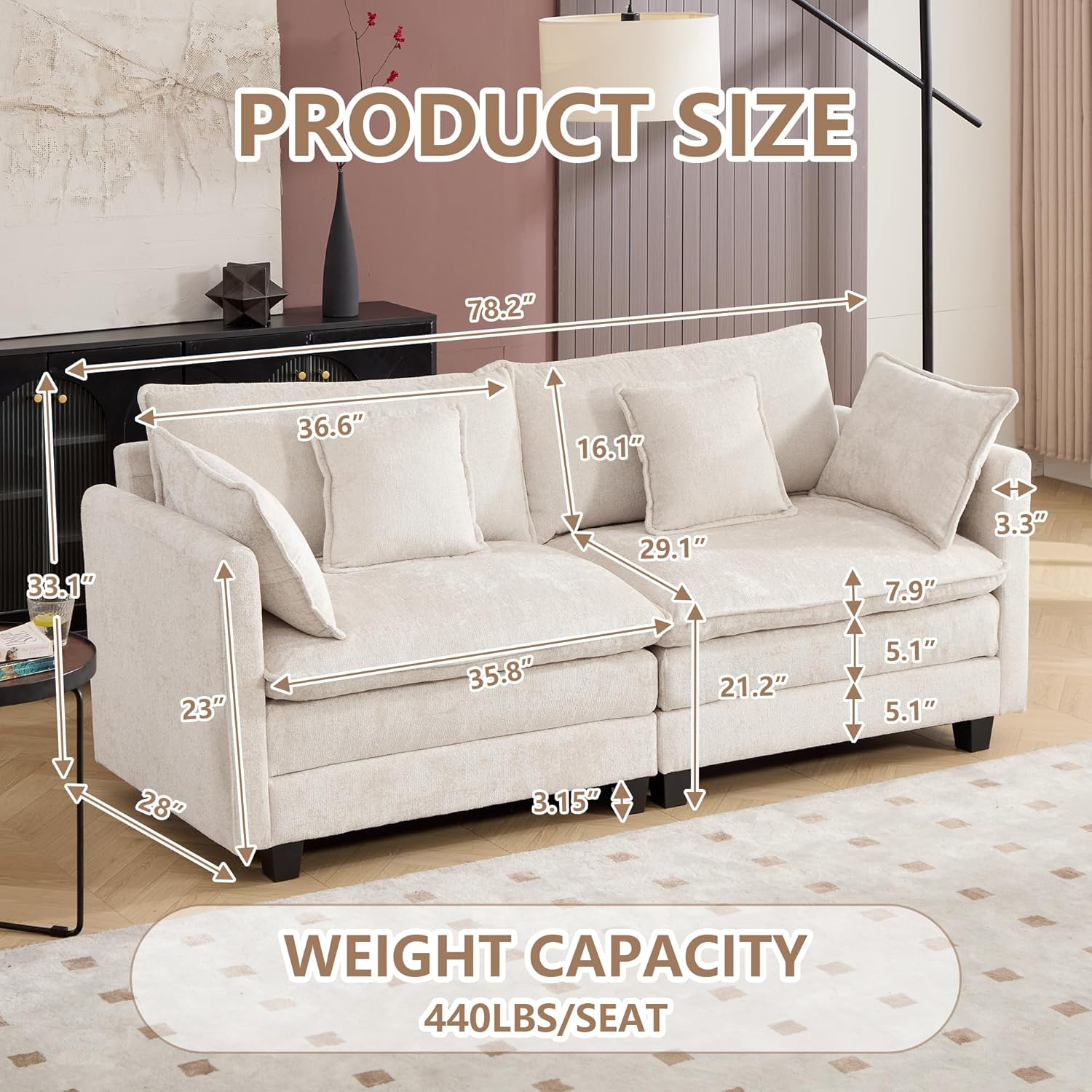 Cloud Modular Sectional Sofa, U-Shaped Deep Seat Oversized Couch for Large Living Room, Pet-Friendly Chenille Fabric Sofa Set with Ottoman for Family Movie Nights