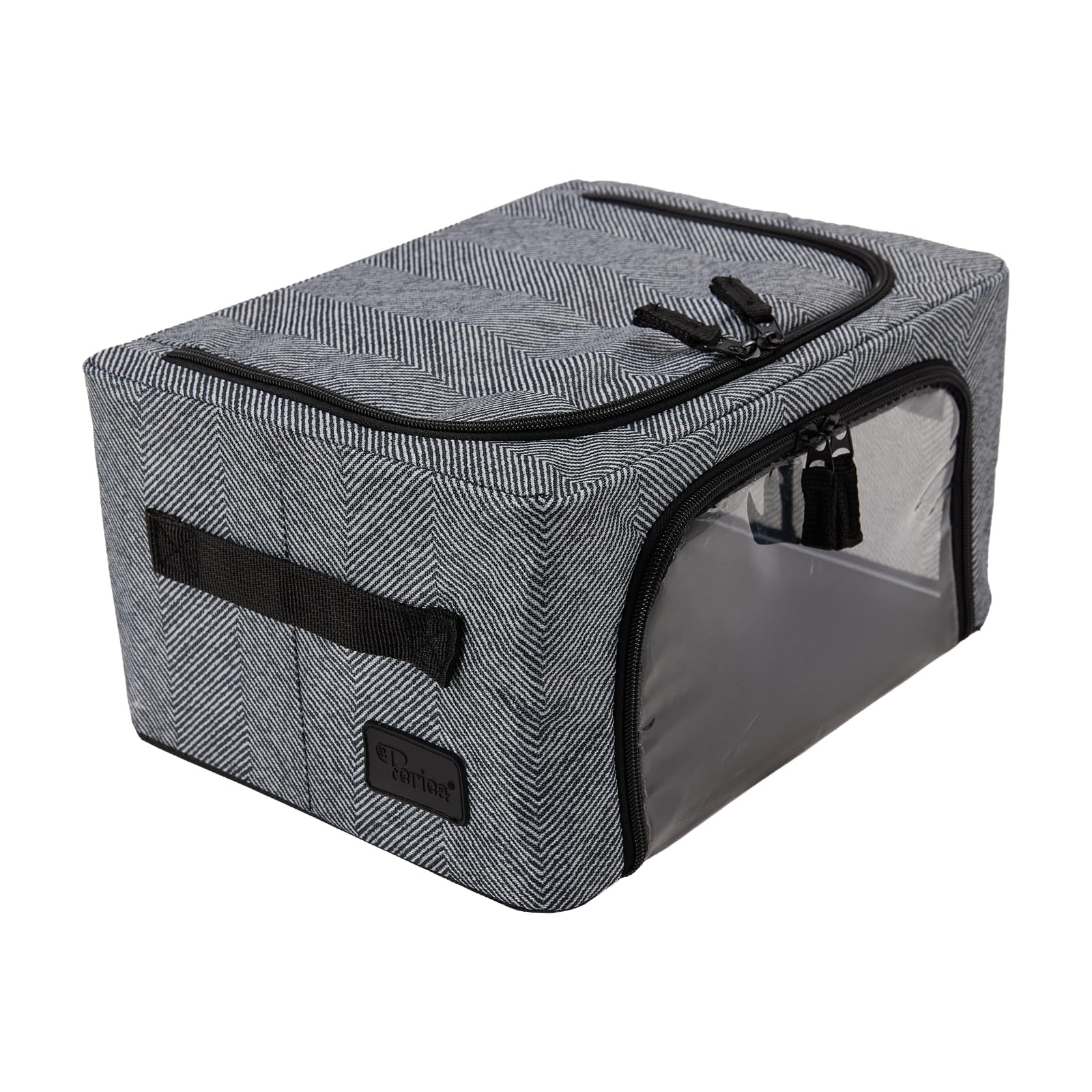 Periea ‘Beau’ Folding Collapsible Stackable Fabric Home Storage Boxes with Steel Frames (Herringbone, Compact)