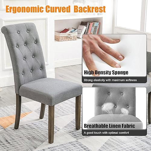 Miniatura 6 de Juego de 2 elegantes sillas de comedor de madera maciza con botón de respaldo alto, tapizadas sin brazos, patas de madera maciza, taburetes