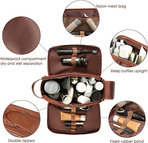 Miniatura 2 de BNSPOCKET Neceser de viaje de cuero personalizado para hombres, kit de afeitado de baño de viaje grande, bolsa de viaje grande impermeable, marrón