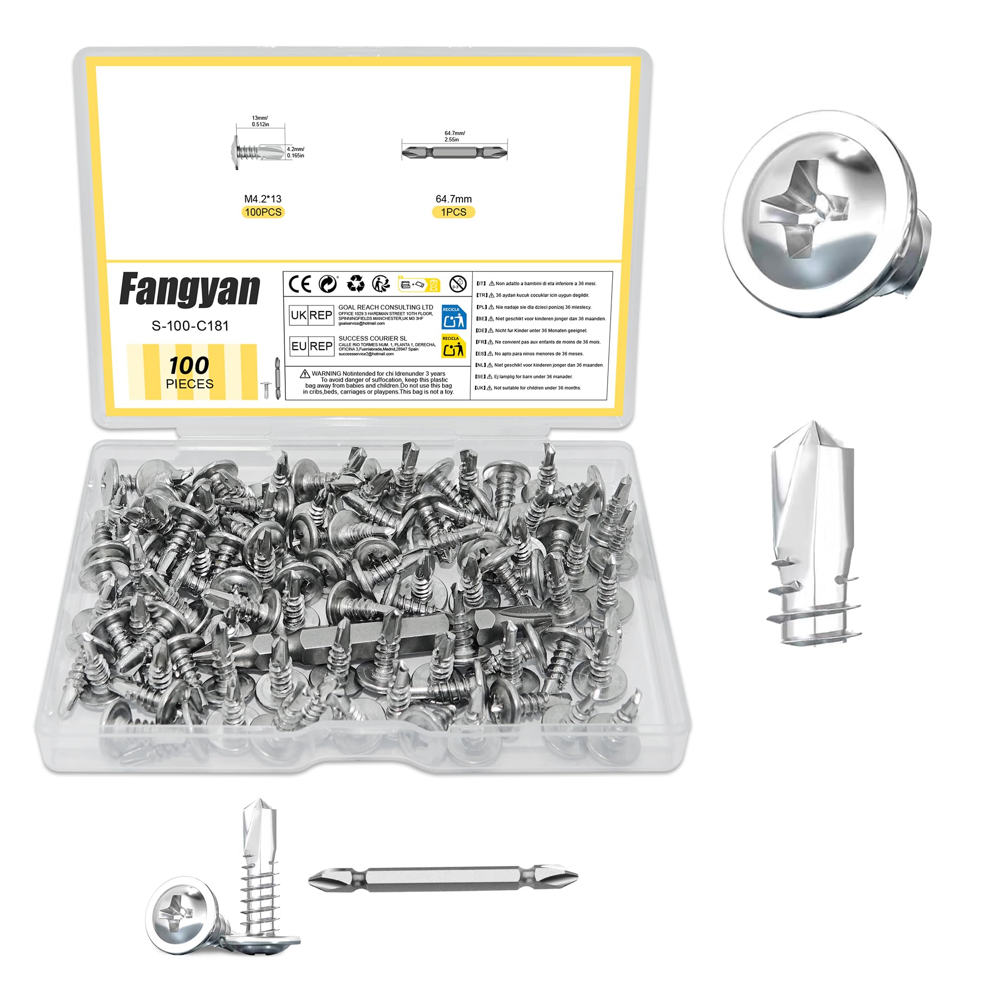 Fangyan 100Pcs M4.2×13mm Wafer Head Self Drilling Screws, High Strength 410 Stainless Steel Sheet Metal Screws with Screwdriver Bit for Sheet Metal Installation