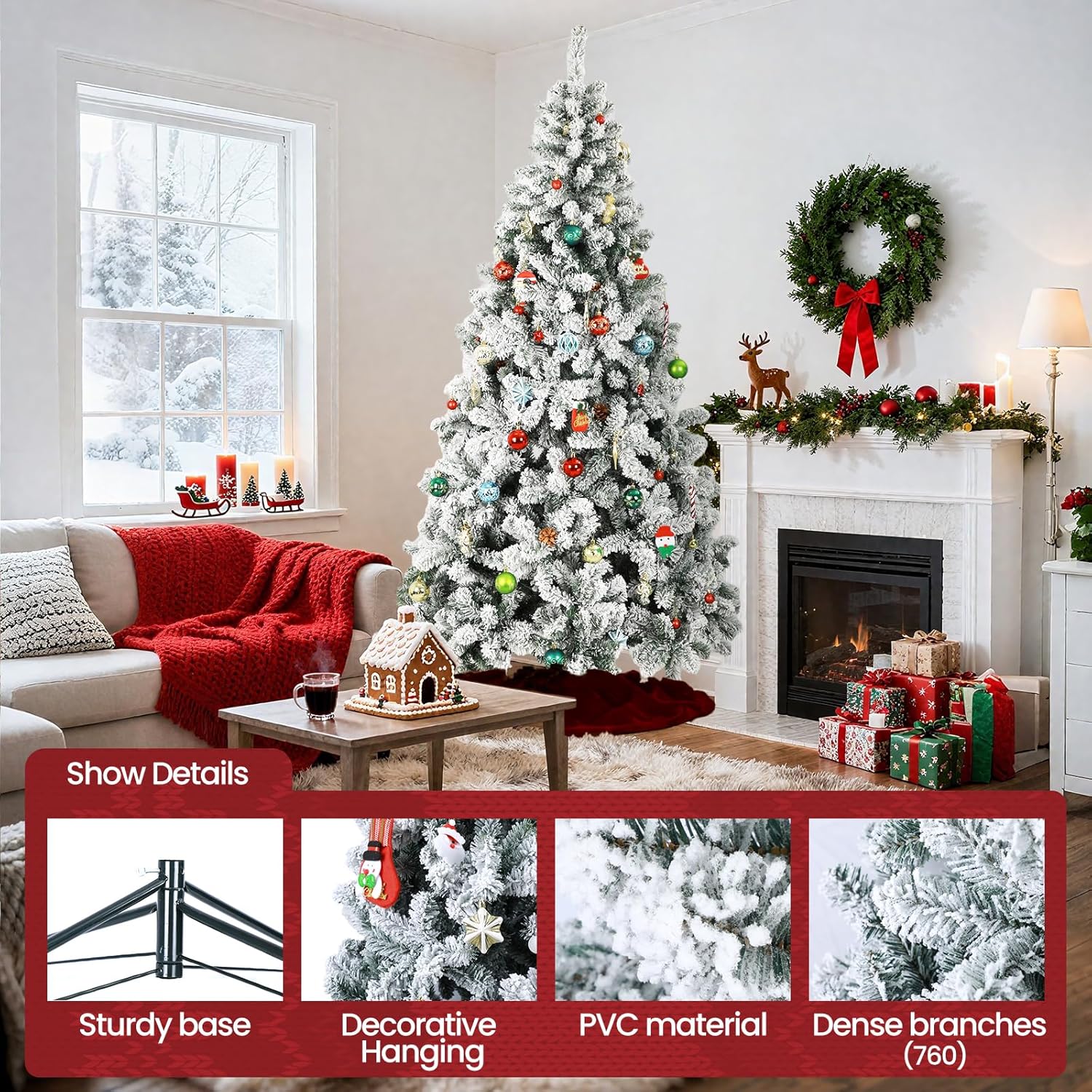 6 FT Snow Flocked Artificial Full Christmas Tree, Unlit Pine Christmas Tree with 760 Branch Tips and Foldable Base, Hinged Holiday Tree for Home, Party Decoration (Unlit Green-White, 6FT)