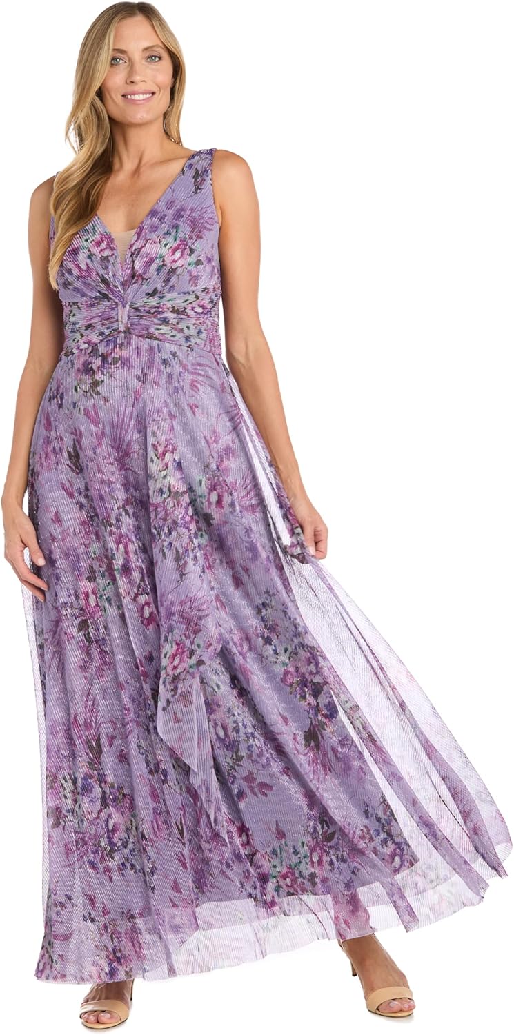 R&M Richards Women's Pleated Sheer Knit Floral Maxi Dress W/Ruched Waist & Cascade Detail