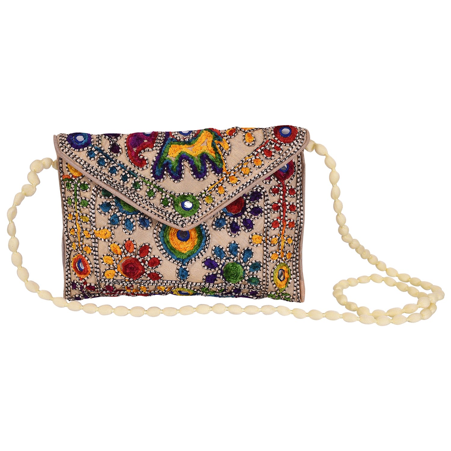 craft trade Clutch Bags For Women Rajasthani Embroidery Mirror Work Ethnic Wallet And Purses For Girls - 16X22 Cms, Cream-picture-3