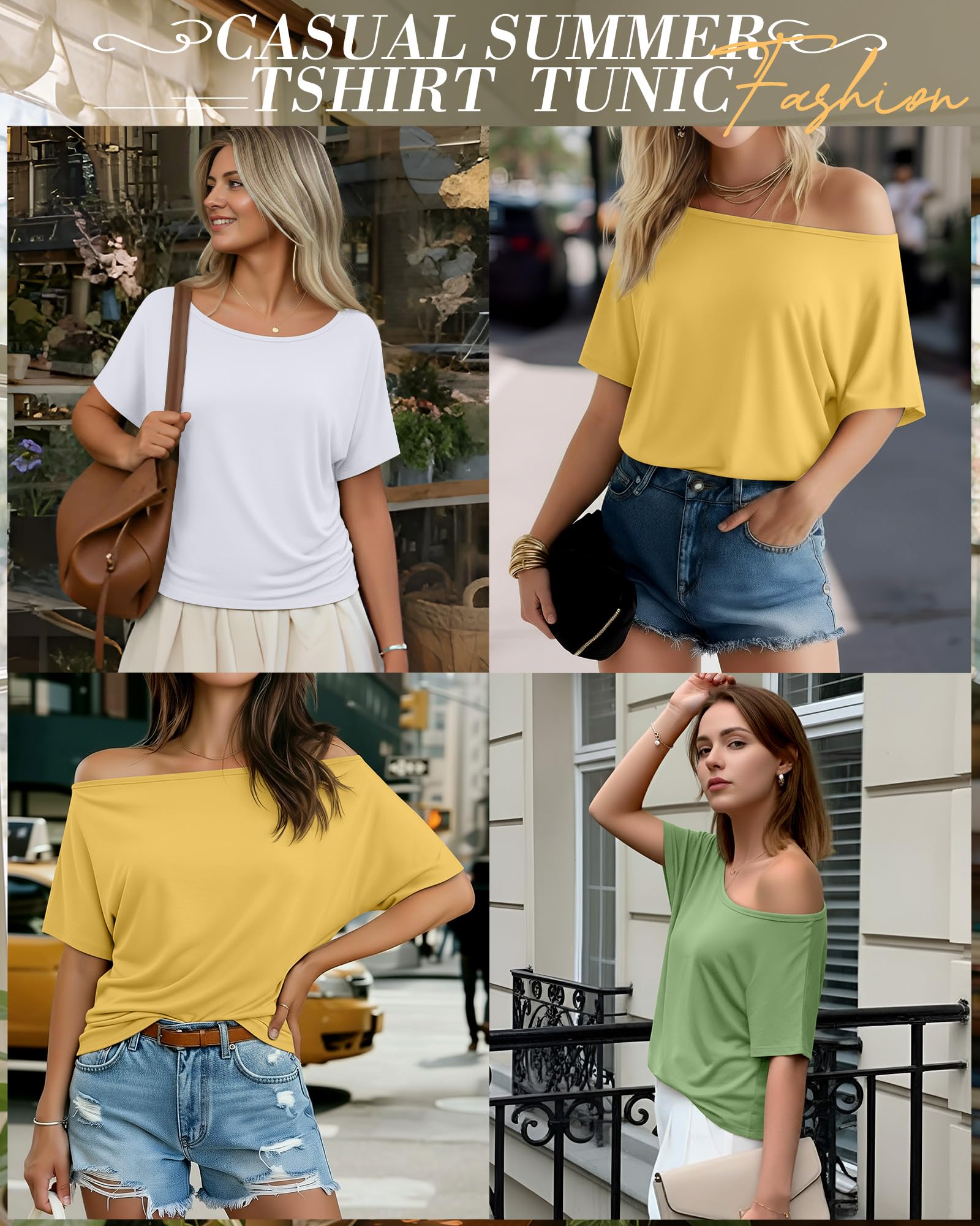 Riyiper Damen Dreiteiler-Set: Schulterfreies Top, locker sitzendes Kurzarm-Sommer-T-Shirt und figurbetontes Sporttop