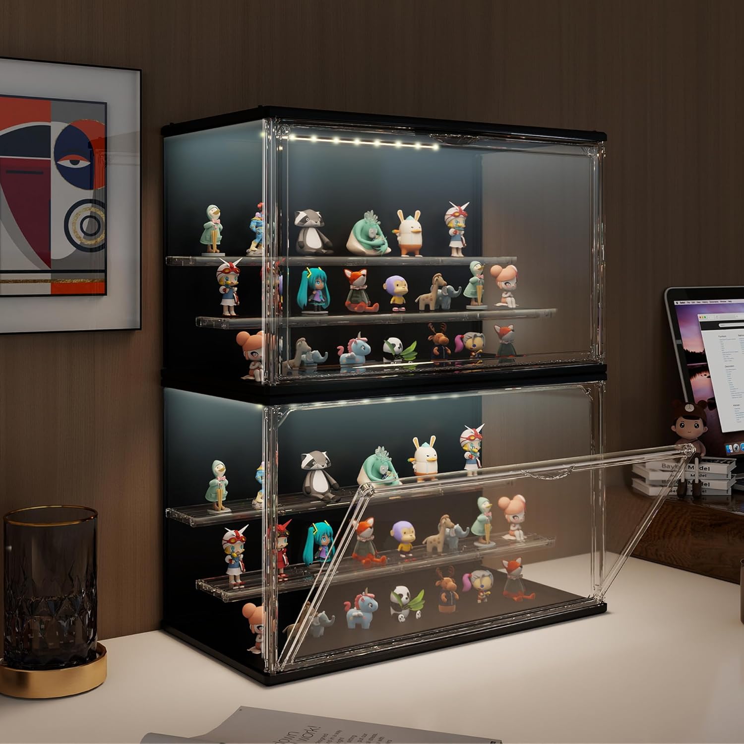 2PCS Clear Display Case for Collectibles, 3-Tier Adjustable Display Case with Led Light,Stackable Storage Bins with Magnetic Door for Jewelry (Black)