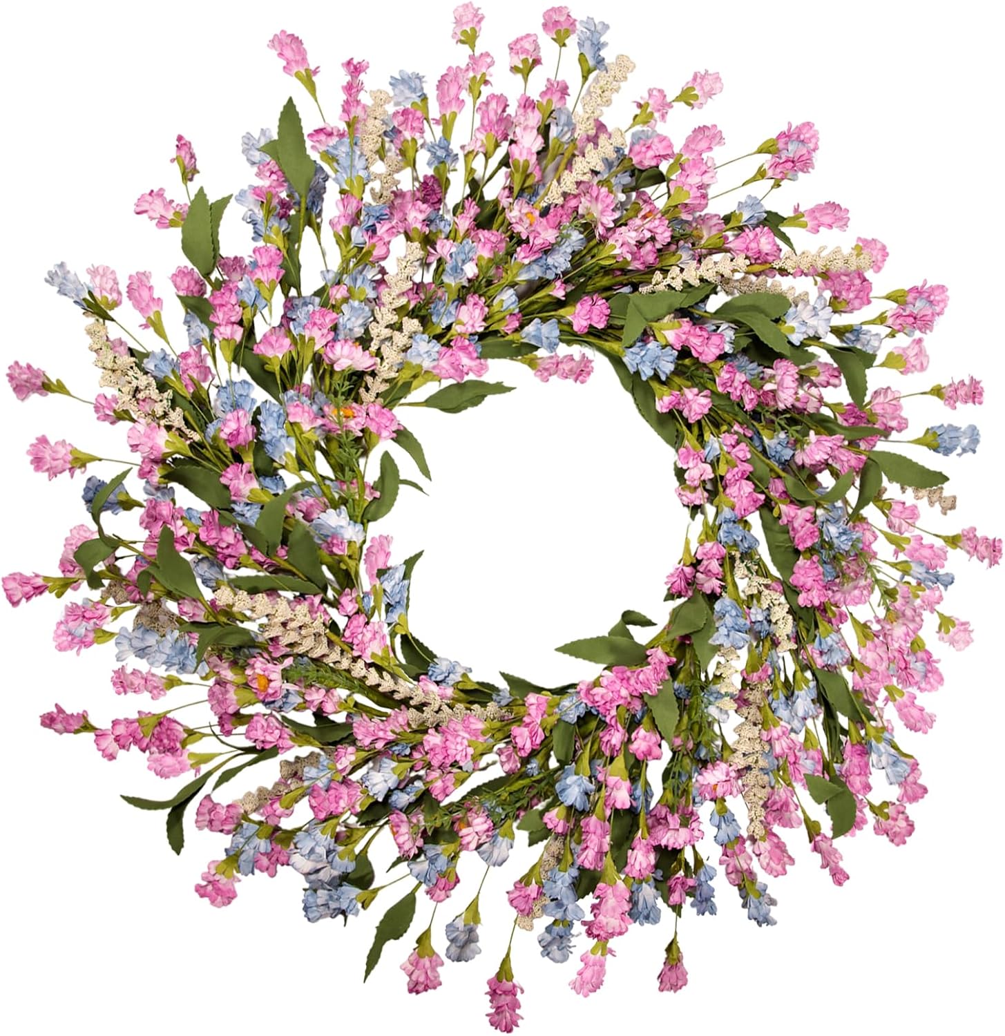 24 Inch Spring Summer Wreaths for Front Door, Year Round Artificial Lavender Paper Flower Wreath with Blue Pink Fade Flowers, Home Farmhouse Windows Walls Porch Wedding Indoor Outdoor Decor
