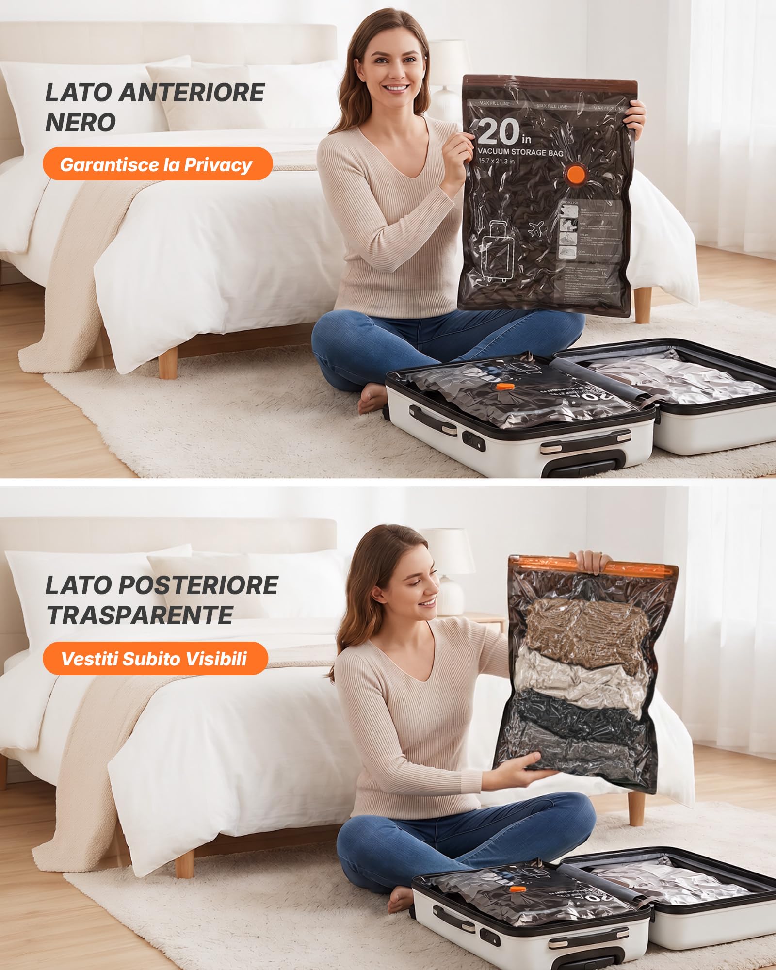 Sacchetti Sottovuoto Vestiti con Pompa Sottovuoto Senza Fili, 10 Pezzi (4 * 54x40、4 * 64x47、2 * 74x54cm) – Per Viaggio, Valigia e Armadio – Pompa Sottovuoto da Viaggio Wireless