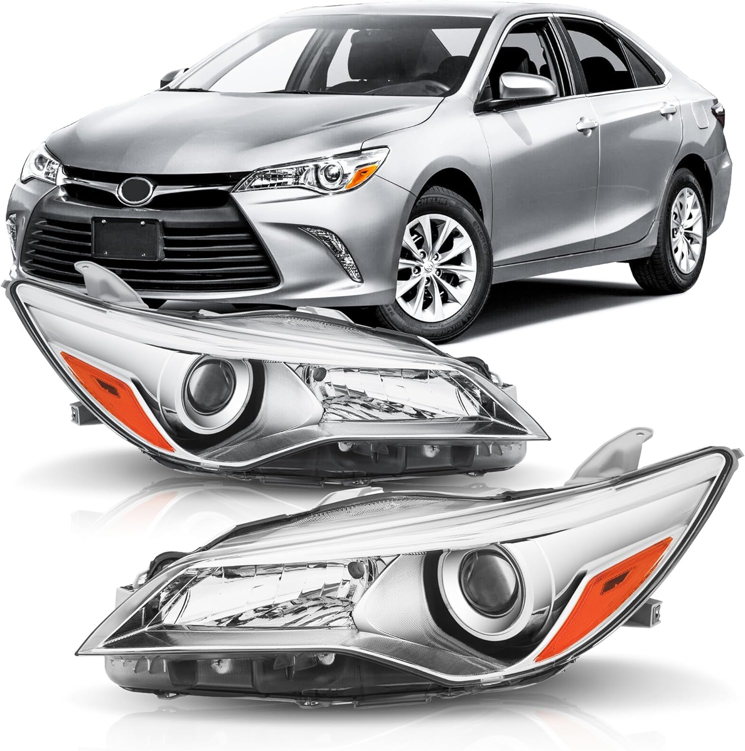 Headlights Assembly Compatible with 2015 2016 2017 Toyota Camry LE SE XLE Headlamp Driver & Passenger Side, Chrome Housing Amber Reflector 2015-2017 chrome