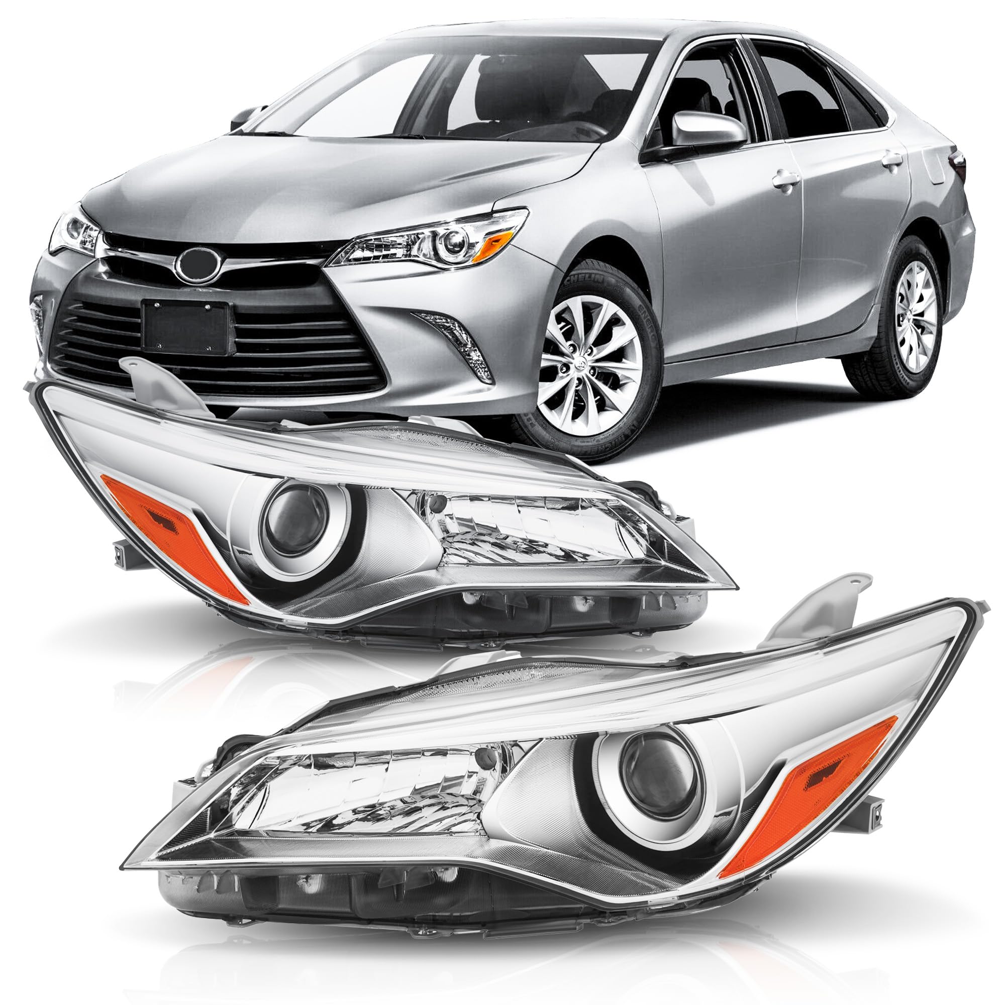 Photo 1 of ***TWO LEFT SIDES*** Headlights Assembly Compatible with 2015 2016 2017 Toyota Camry LE SE XLE Headlamp Driver & Passenger Side, Chrome Housing Amber Reflector