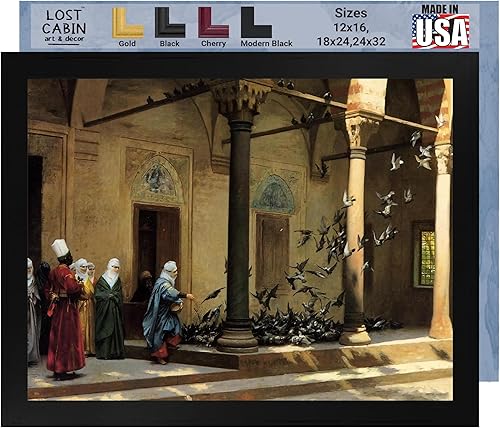 Lost Cabin Harem Women Feeding Pigeons in a Courtyard by Jean Leon Gerome  Impresión en marco plano negro  Reproducción de pinturas de obras de arte