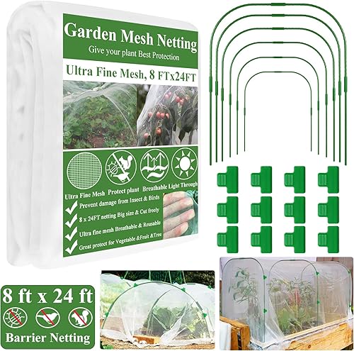 Kit de red de malla de jardín, cubiertas de plantas de 8 x 24 pies, red de malla ultrafina y 6 aros de jardín y 18 clips para plantas vegetales,