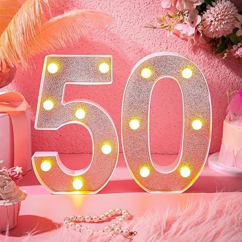 Miniatura 6 de Treela Números LED iluminados decorativos de 8.7'' para cumpleaños, letrero de números de marquesina de purpurina para decoración de fiesta de