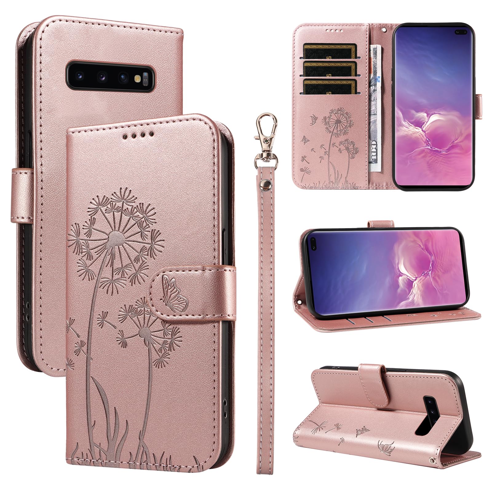Handyhülle für Samsung Galaxy S10 Hülle, Premium PU Lederhülle Klappbar Tasche Klapphülle mit Magnet Kartenfach Standfunktion Schutzhülle für Galaxy S10, Roségold