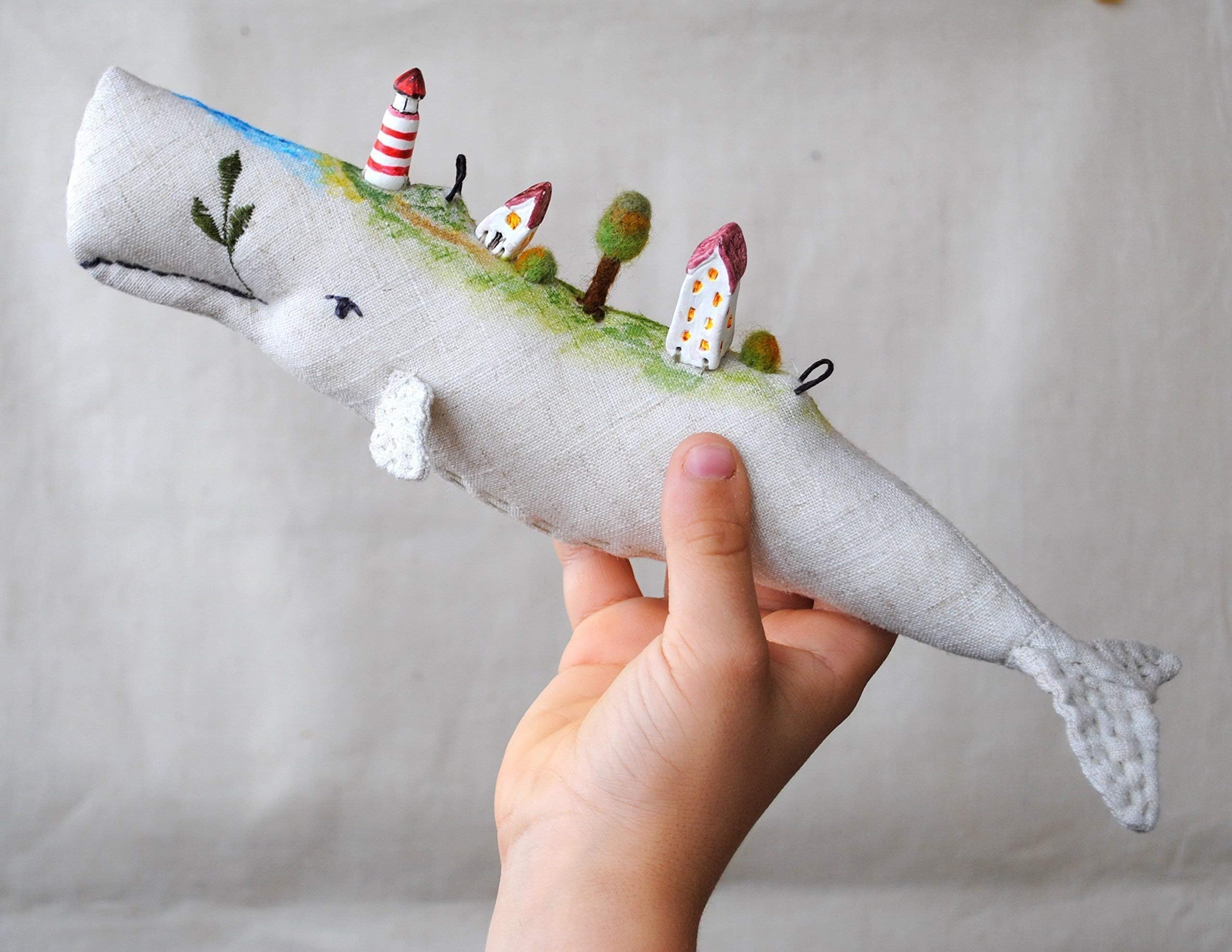 Stuffed White Whale and tiny sea village hanging decorations Wall Decor