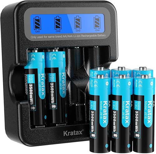 Kratax Baterías de litio AA recargables, paquete de 8 baterías de iones de litio de alta capacidad de 3500 mWh, 1.5 V doble A y cargador inteligente