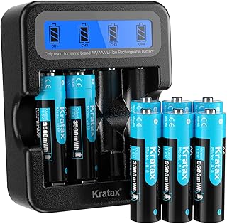 Kratax Rechargeable AA Lithium Batteries, 8 Pack 1.5V AA Li-ion Batteries and 2.5H Intelligent Fast Charger, 1600 Cycles L...