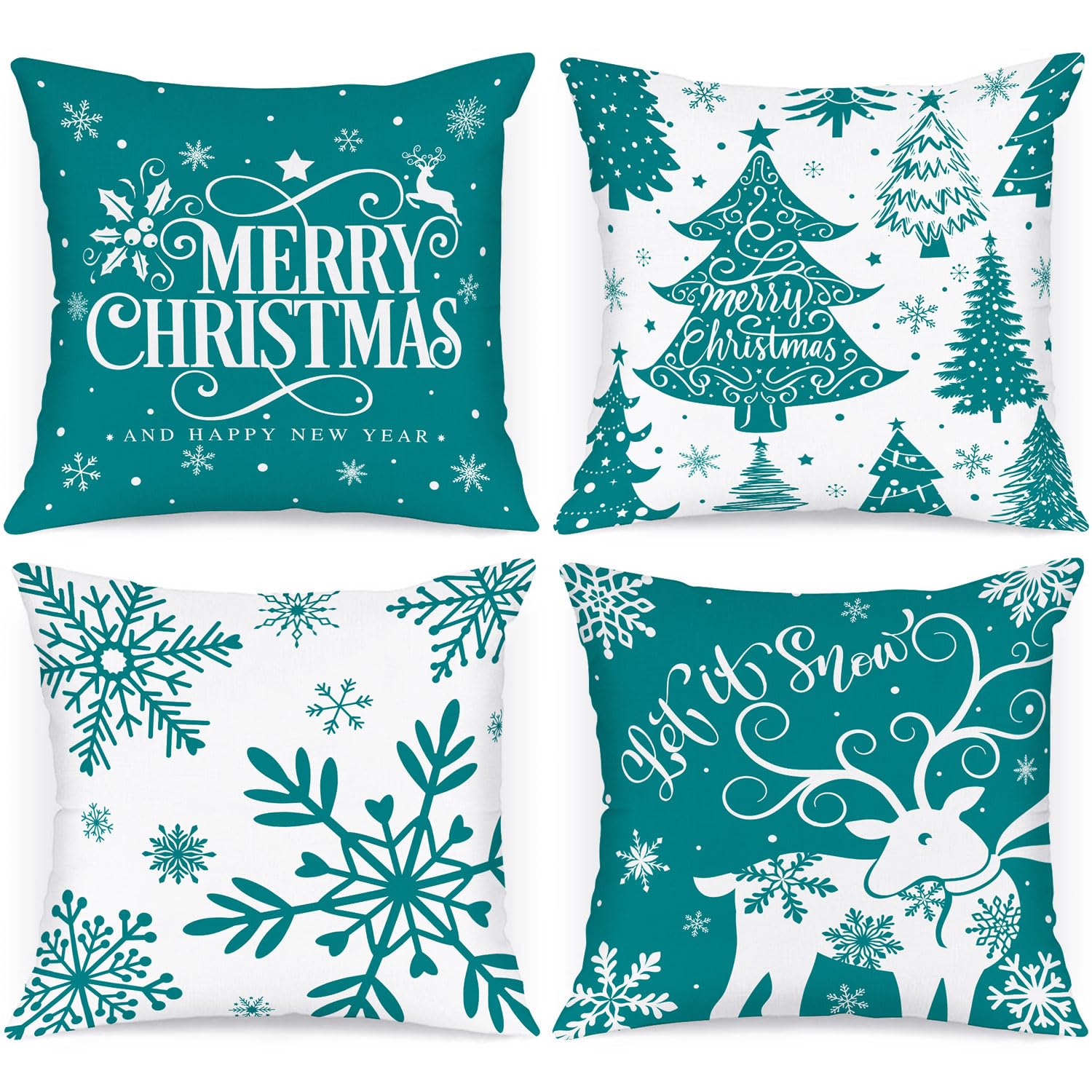 Lanpn White and Teal 45x45 Christmas Pillow Covers Set of 4