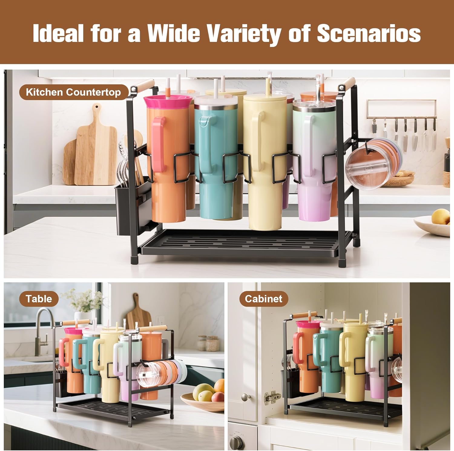 Tumbler Water Bottle Organizer for 40 oz Tumbler with Handle, 2 in 1 Multi-Functional Stanley Cup Storage Holder, Stanley Cup Stand Organizer Drying Rack for Kitchen Cabinets Organizer, 8 Slots - Image 5