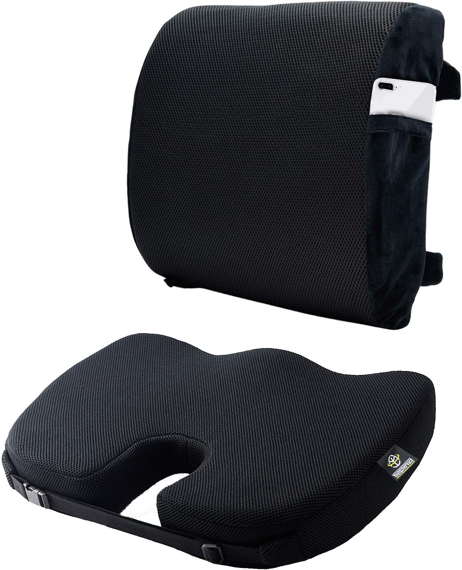 Black Seat Cushion Set For Car Office Airplane Chair - Coccyx Orthopedic Memory Foam and Back Pillow for Lower Back Pain - Tailbone Sciatica Pain Relief, Lumbar Support, Improves Posture