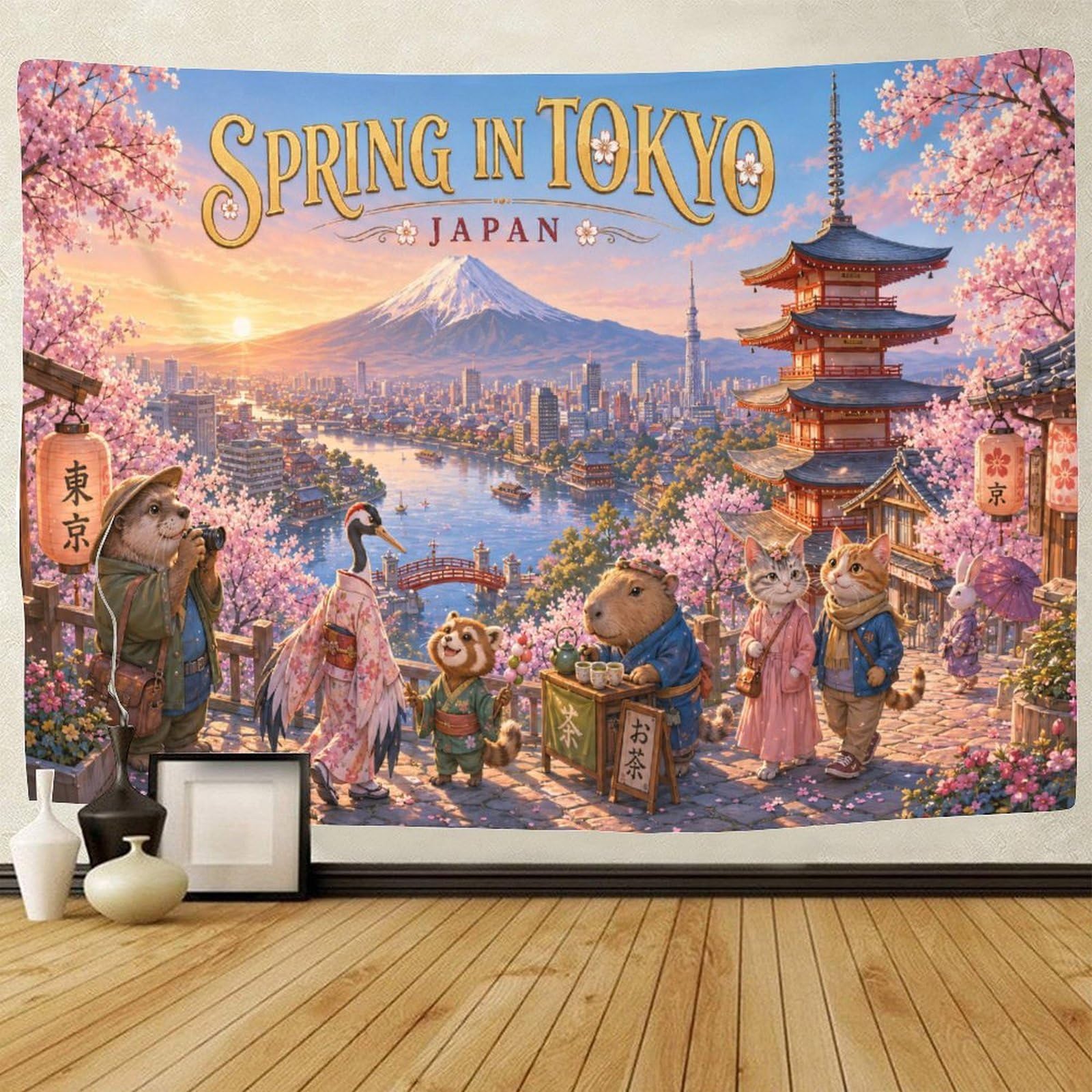 ASDFGHJKLZA Tokyo Animal Japanese Landscape 3D Print Tapestry for Bedroom Wall Hanging Decor Tapestries Poster Curtain Bedroom Dorm 100cmx150cm