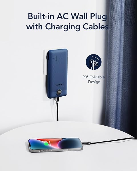 VEGER Portable Charger with Built-in AC Plug and Cables, All in One 10000mAh Ultra Slim Power Bank Travel Essentials, Fast Charging Battery Pack Compatible with iPhone, Samsung, Android (Navy) - 3