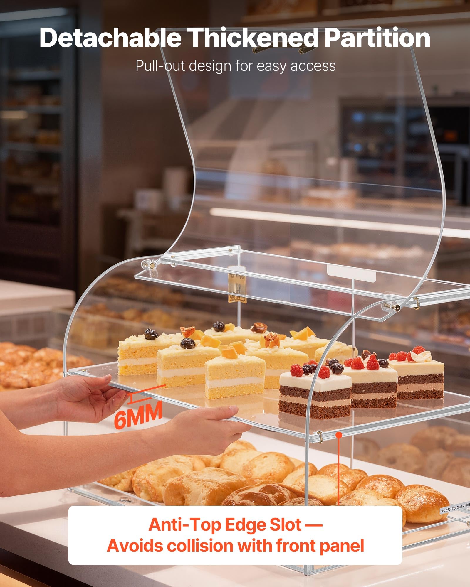 VEVOR Gebäckvitrine 2-stöckig, Gewerbliche Bäckereivitrine aus Transparentem Acryl, Thekenvitrine mit Magnetischer Rücktür & Abnehmbarer Trennwand für Kekse Desserts Donuts, 558 x 355 x 355 mm