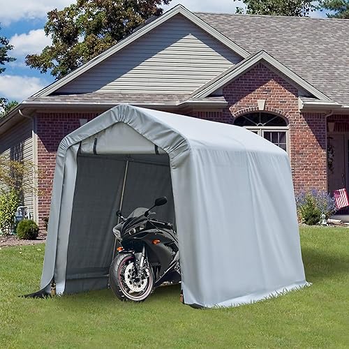 Outsunny 6' x 8' Carport Portable Garage, Heavy Duty Storage Tent, Patio Storage Shelter w/Anti-UV PE Cover and Double Zipper Doors, for Motorcycle Bike Garden Tools, Light Gray