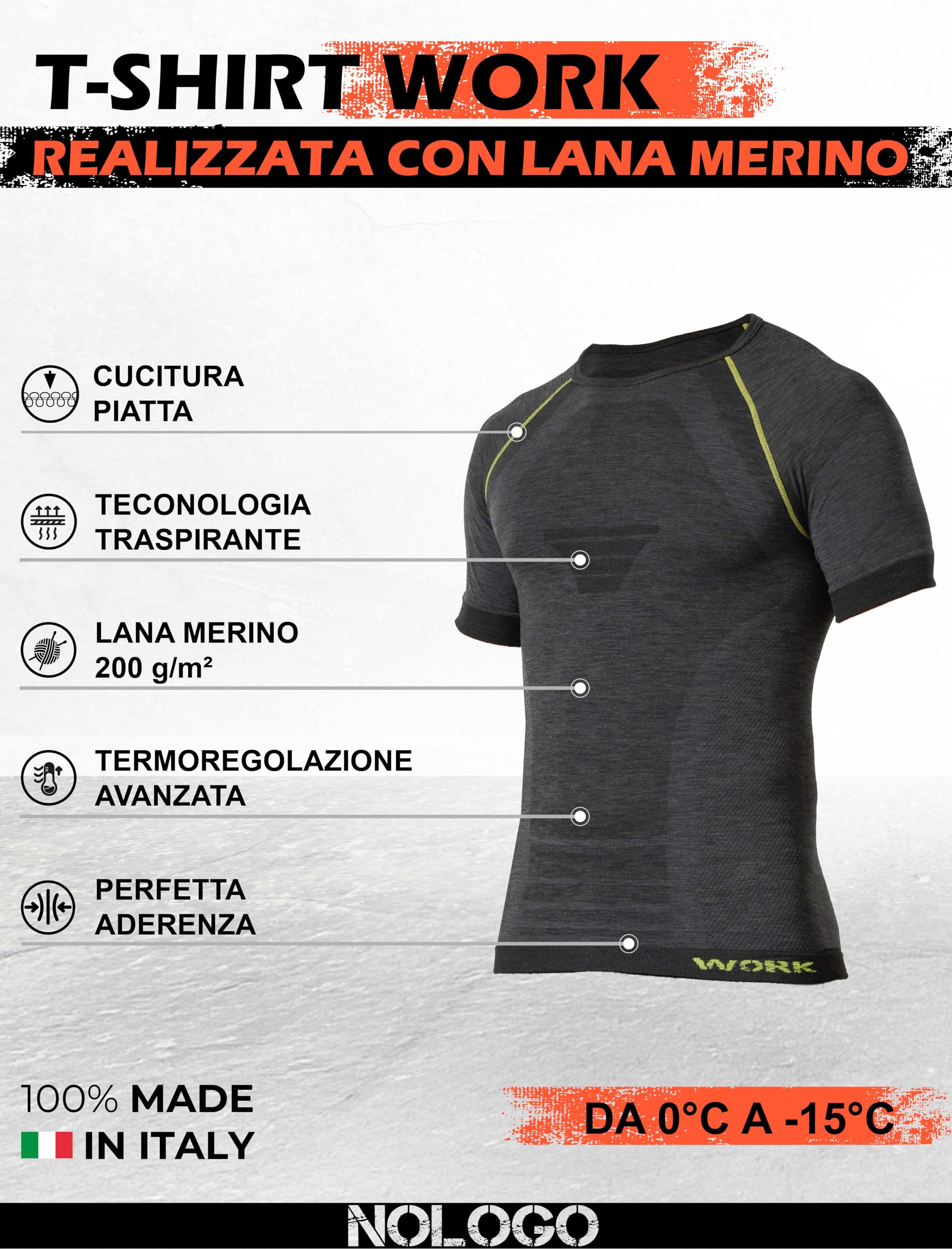 Maglia Termica Uomo Manica Corta Lana Merino - Intimo Termico Uomo Invernale da Lavoro, Tecnico, Elasticizzato, Senza Cuciture, Traspirante e Leggero- Made in Italy