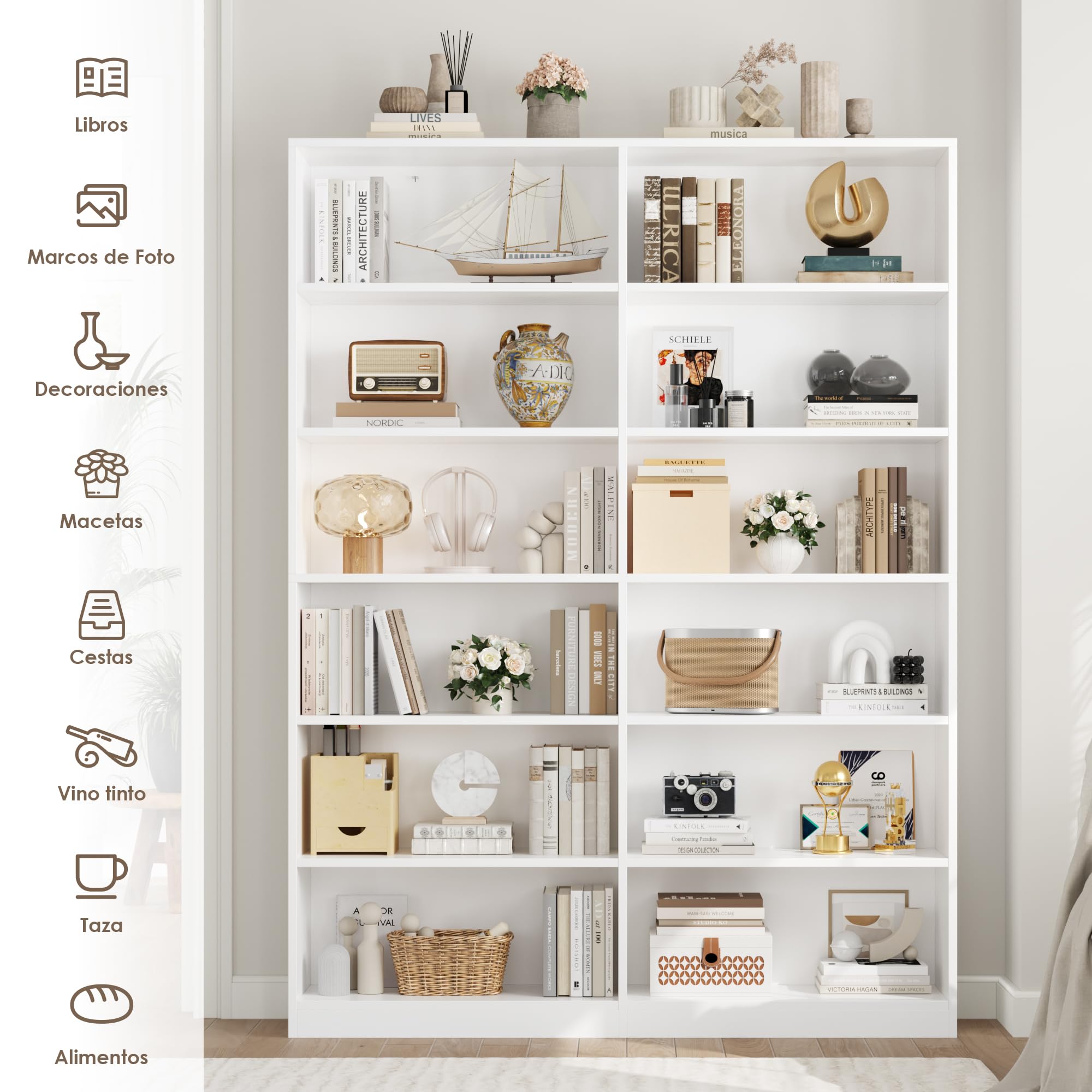 FirFurd Estanteria Libros con 12 Compartimentos, Libreria Estanteria | Estanteria Salon, Librerías Salón, Mueble Almacenaje para Libreria, Oficina, Estudio, Blanco, 120x30x188,7cm