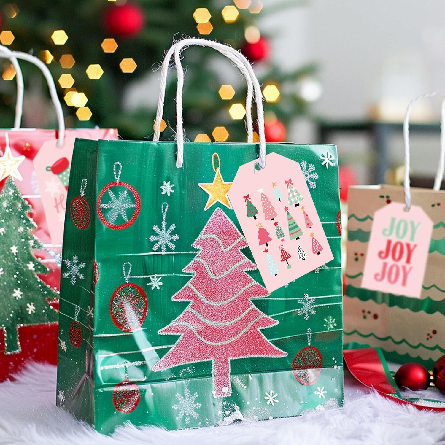 Whaline 100Pcs Pink Christmas Paper Gift Tags Xmas Tree Santa Reindeer Hanging Labels with Hemp Rope for Holiday Party Favor Decor Supplies, 10 Designs - Image 7