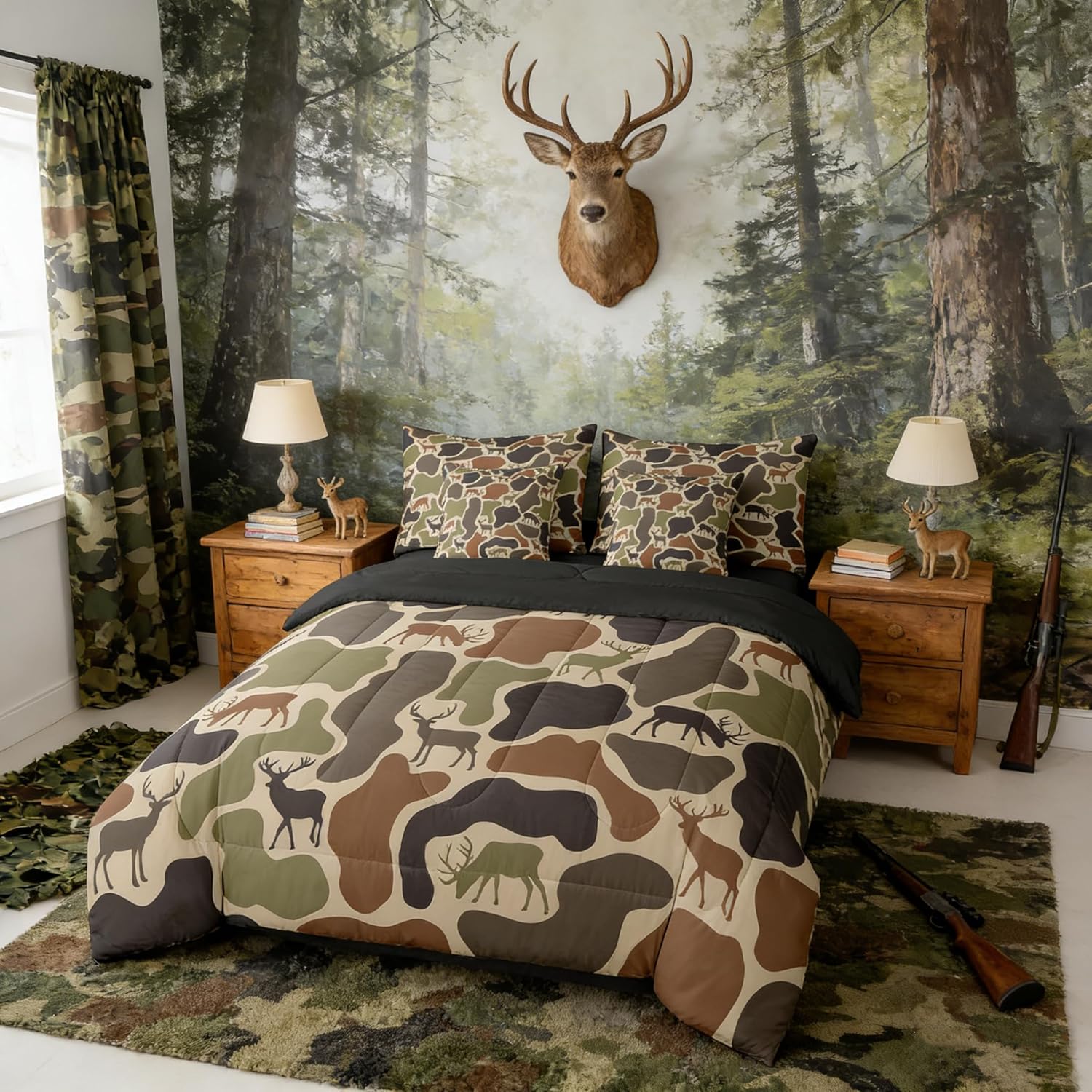 Erosebridal Camo Deer Comforter Set 7 Pcs Camouflage Hunting Deer Bedding Set King Green Military Army Camo Bed in A Bag for Kids Adults Country Hunter Wildlife Sheet Set with Comforter