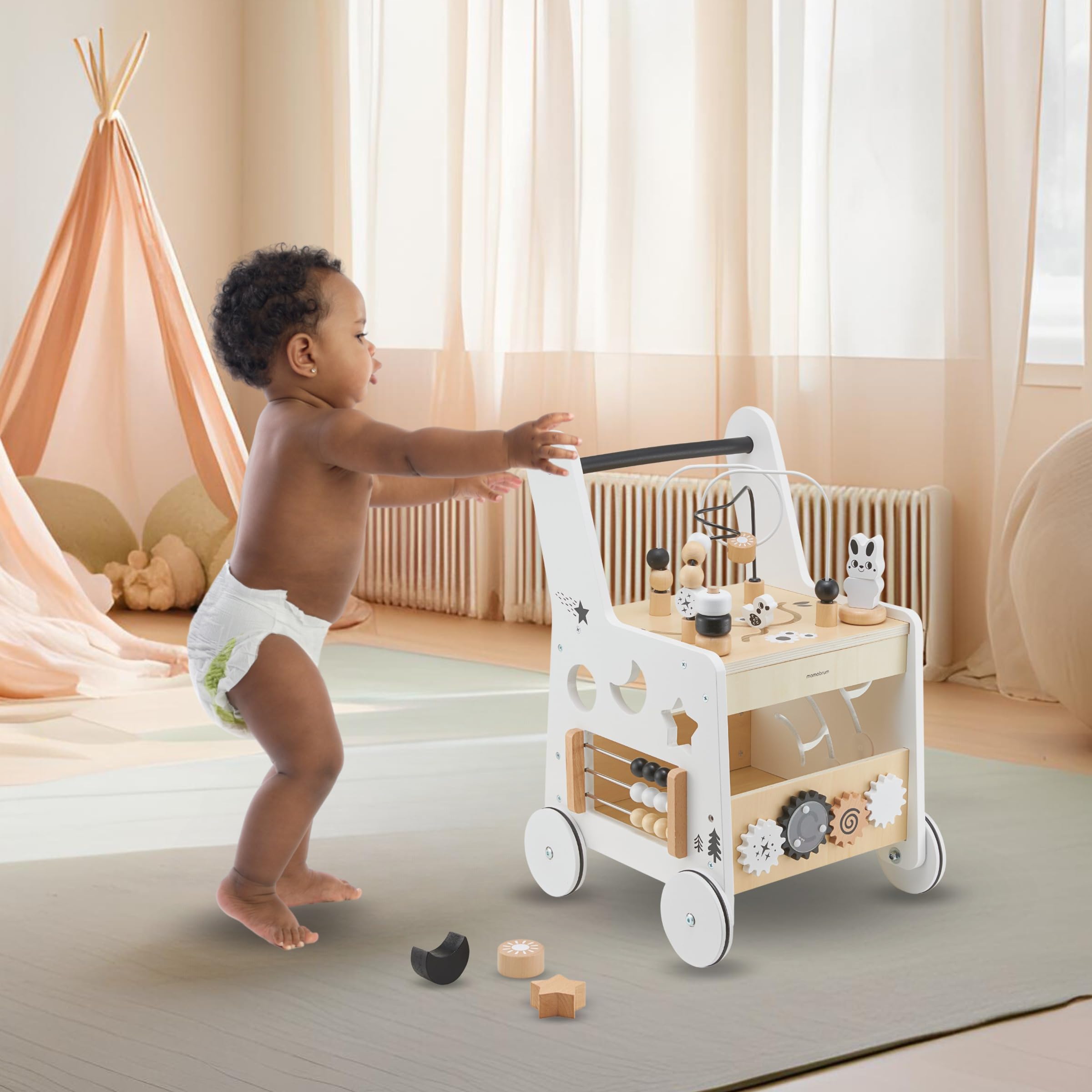Mamabrum Caminadora y Andador Bebé 6 en 1 - Mesa Educativa de Madera con Ábaco, Engranajes y Juegos - Centro de Actividades para Primeros Pasos - 31 x 28 x 49 cm