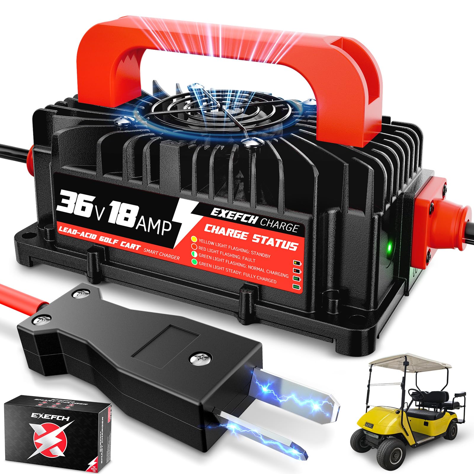 EXEFCH 36 Volt 18Amp Golf cart Battery Charger with Crowfoot 2Pin Plug 36v Trickle Charge for Club Car EZGO Yamaha Golf Car Lead Acid Batteries (36