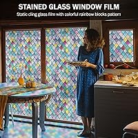 Vista 2 de FEOMOS Película para ventana de vitral, película de privacidad para ventana, tinte colorido de celosía, calcomanías de vidrio arcoíris