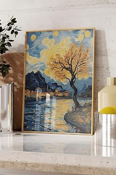 Zestia Ahşap Çerçeveli Tablo, Van Gogh Yıldızlı Gece Köprü Yorumu, Salon Dekoru Poster No: 108452 21 x 30