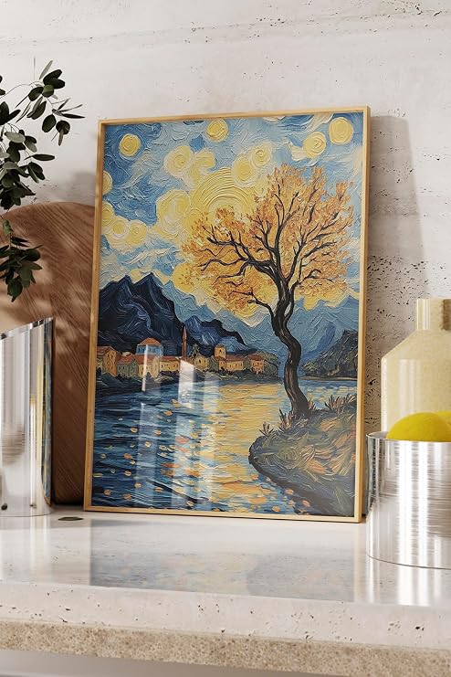 Zestia Ahşap Çerçeveli Tablo, Van Gogh Yıldızlı Gece Köprü Yorumu, Salon Dekoru Poster No: 108452 21 x 30