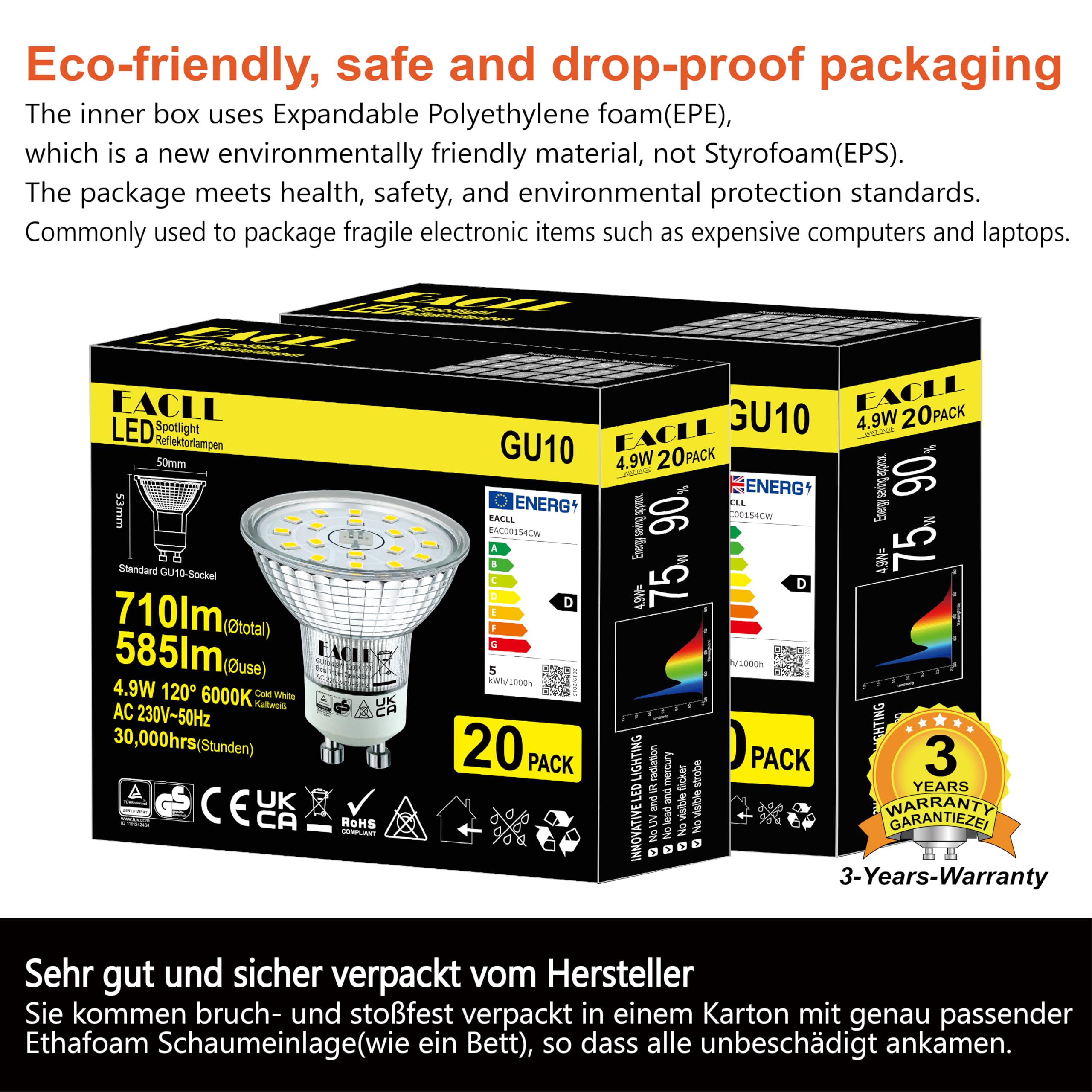 EACLL Lampadine LED GU10 4.9W Equivalente a Alogena 75W, Pacco da 20, 585lm 6000K Bianco Freddo, Faretti AC 230V senza Sfarfallio, Angolo a Fascio 120° Spot, Non Dimmerabile corta Riflettore Lampade