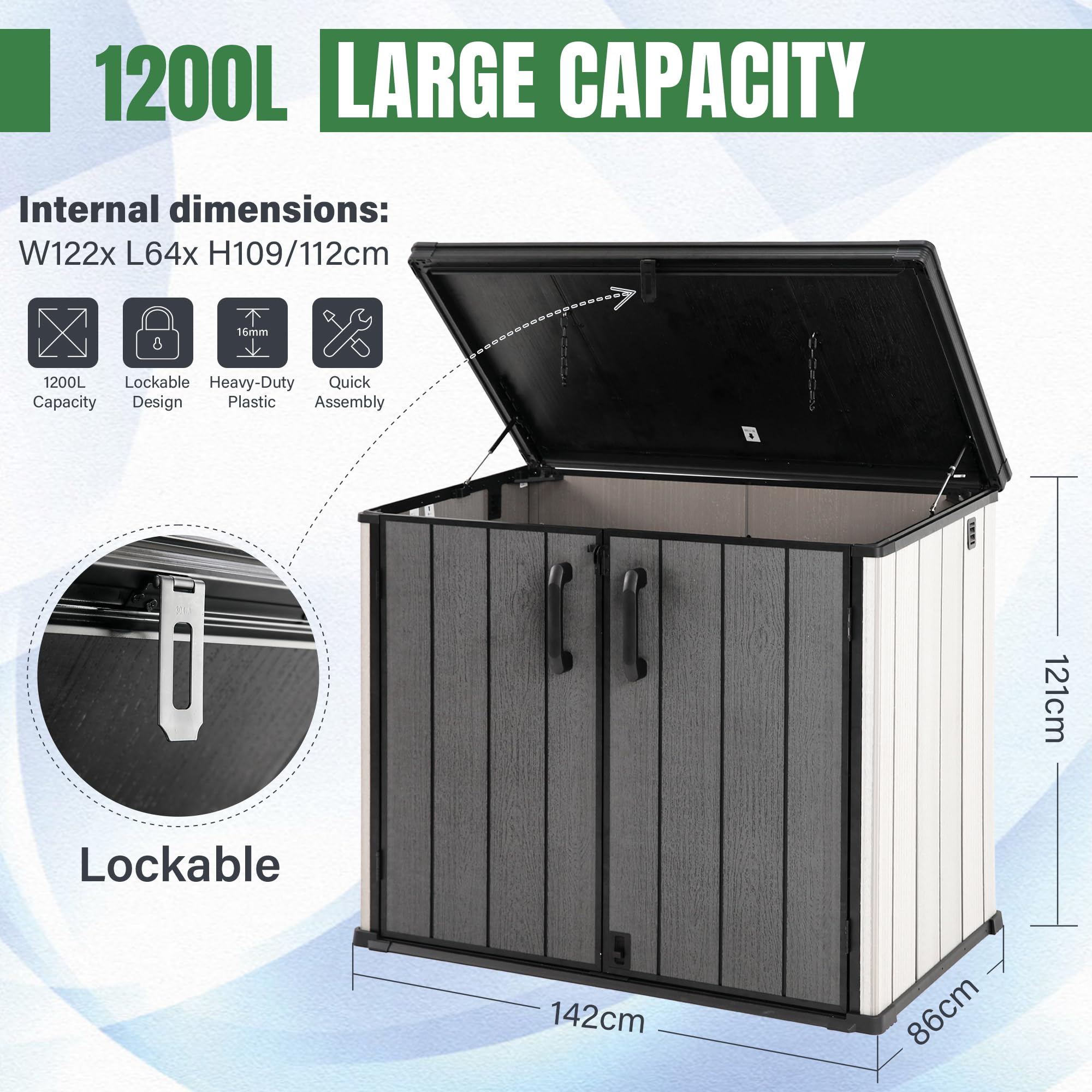 Aweather 1200L Heavy-Duty Lockable Weather-Resistant Sloped-Roof Dual-Open Storage Box 142 x 86 x 121cm - Multi-Purpose Indoor/Outdoor Storage for Cushions, Tools, Toys | Patio, Backyard Chest - 3